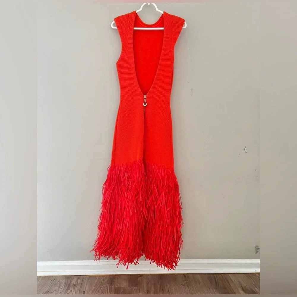 SUPER RARE  Aje Raffia Trimmed Ribbed Stretch Knit Midi Dress Orange Size XXS. - Picture 9 of 12